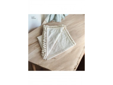 Buldan Dokuması Çizgili Krem Keten Ponponlu Masa Örtüsü