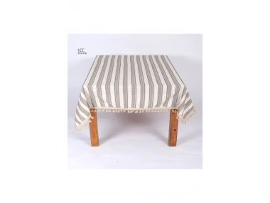 Buldan Dokuması Keten Kahverengi Çizgili Ponponlu Masa Örtüsü