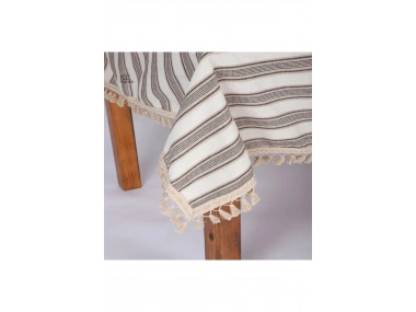 Buldan Dokuması Keten Kahverengi Çizgili Ponponlu Masa Örtüsü