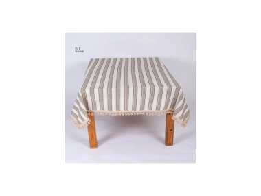 Buldan Dokuması Keten Kahverengi Çizgili Ponponlu Masa Örtüsü