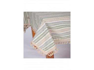 Buldan Dokuması Keten Renkli Çizgili Ponponlu Masa Örtüsü