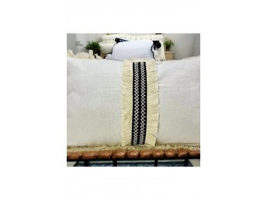 Keten Krem Siyah Şeritli Püsküllü Kırlent Kırlent Kılıfı(35 X 55 )