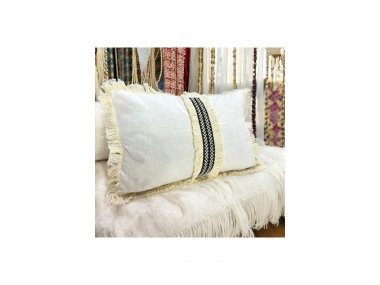 Keten Krem Siyah Şeritli Püsküllü Kırlent Kırlent Kılıfı(35 X 55 )