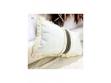 Keten Krem Siyah Şeritli Püsküllü Kırlent Kırlent Kılıfı(35 X 55 )