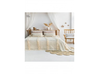 Krem Örgü Dantelli Ve Püsküllü Battal Boy Yatak Örtüsü (240 X 260)