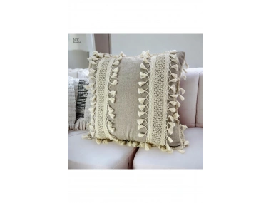 Bej Keten Kalın Dantel Ponponlu Kırlent Kırlent Kılıfı(43 X 43)