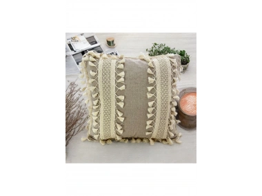 Bej Keten Kalın Dantel Ponponlu Kırlent Kırlent Kılıfı(43 X 43)