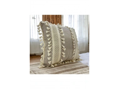 Bej Keten Kalın Dantel Ponponlu Kırlent Kırlent Kılıfı(43 X 43)