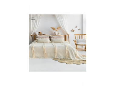 Krem Örgü Dantelli Ve Püsküllü Çift Kişilik Yatak Örtüsü (220 x 240)