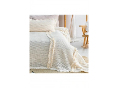 Krem Örgü Dantelli Ve Püsküllü Çift Kişilik Yatak Örtüsü (220 x 240)