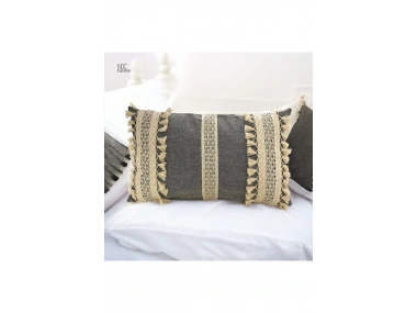 Keten Gri Antrasit Ham Dantel Kırlent Kırlent Kılıfı(35 x 55)