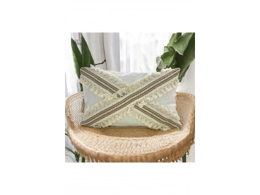 Ham Keten Krem Çapraz Kahve Dantelli Ponponlu Kırlent Kırlent Kılılfı  (35 x 55)