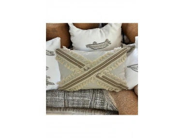 Ham Keten Krem Çapraz Kahve Dantelli Ponponlu Kırlent Kırlent Kılılfı  (35 x 55)