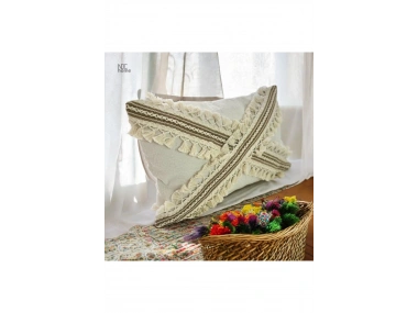 Ham Keten Krem Çapraz Kahve Dantelli Ponponlu Kırlent Kırlent Kılılfı  (35 x 55)