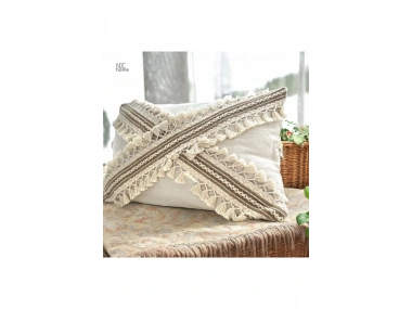 Ham Keten Krem Çapraz Kahve Dantelli Ponponlu Kırlent Kırlent Kılılfı  (35 x 55)