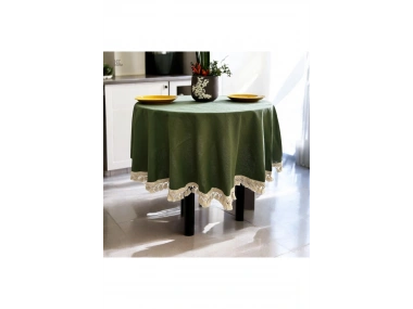Premium Keten HAKİ Yuvarlak HAM PONPONLU Masa Örtüsü