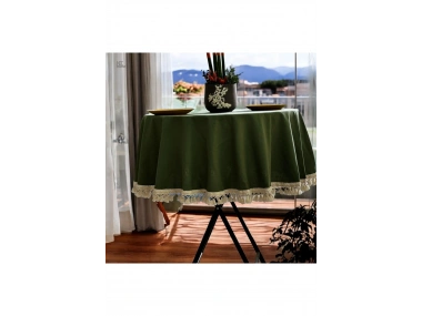 Premium Keten HAKİ Yuvarlak HAM PONPONLU Masa Örtüsü