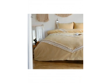 Sarı Renkli Pamuk Çift Ponponlu Battal Boy Nevresim Seti