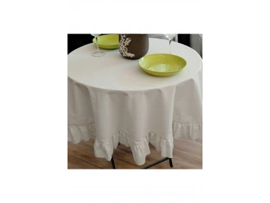 Ham Keten Krem FIRFIRLI Yuvarlak Masa Örtüsü