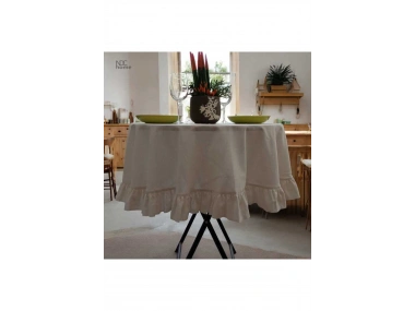 Ham Keten Krem FIRFIRLI Yuvarlak Masa Örtüsü