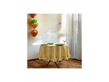 Sarı Keten Fırfırlı Yuvarlak Masa Örtüsü