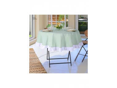 Yeşil Keten YUVARLAK (Beyaz) FIRFIRLI Masa Örtüsü