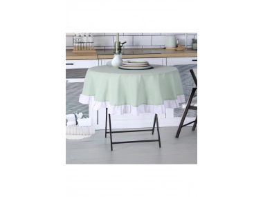 Yeşil Keten YUVARLAK (Beyaz) FIRFIRLI Masa Örtüsü