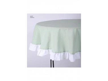 Yeşil Keten YUVARLAK (Beyaz) FIRFIRLI Masa Örtüsü