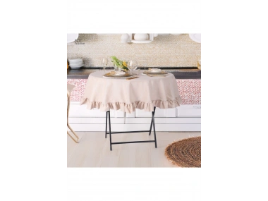 Bej Keten Yuvarlak Firfirli Masa Örtüsü