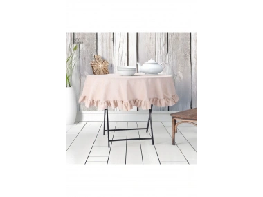 Bej Keten Yuvarlak Firfirli Masa Örtüsü