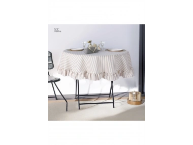 Gri Çizgili Keten YUVARLAK FIRFIRLI Masa Örtüsü