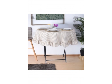 Gri Çizgili Keten YUVARLAK FIRFIRLI Masa Örtüsü