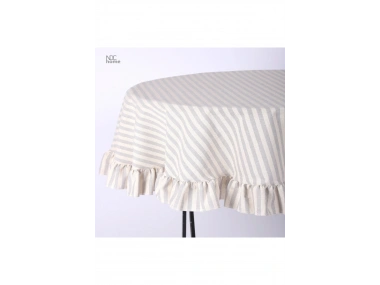 Gri Çizgili Keten YUVARLAK FIRFIRLI Masa Örtüsü