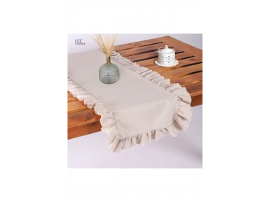 Fırfırlı BEJ Keten Runner Masa Örtüsü