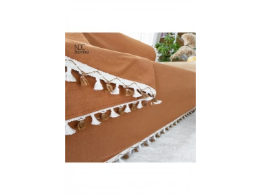 Premium Keten Tarçın [ TARÇIN] Ponponlu Koltuk Örtüsü (170 x 220