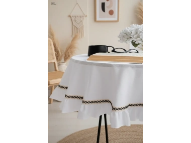 Beyaz Keten Özel Seri Fırfırlı Masa Örtüsü