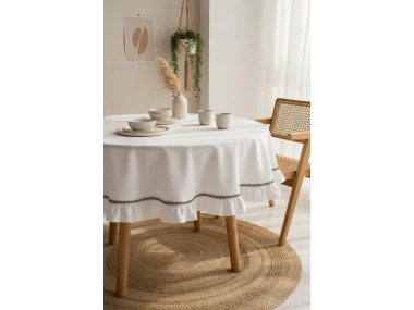 Beyaz Keten Özel Seri Fırfırlı Masa Örtüsü
