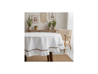 Beyaz Keten Özel Seri Fırfırlı Masa Örtüsü