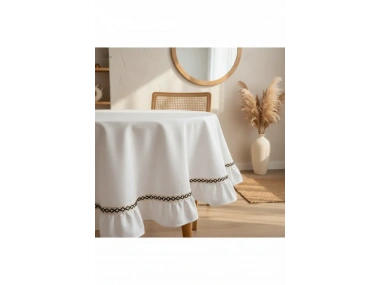 Beyaz Keten Özel Seri Fırfırlı Masa Örtüsü