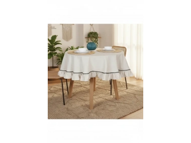 Ham Keten Yuvarlak Firfirli Özel Seri Masa Örtüsü