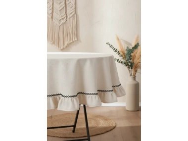 Ham Keten Yuvarlak Firfirli Özel Seri Masa Örtüsü