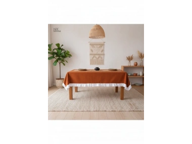 Tarçın Keten BEYAZ FIRFIRLI Masa Örtüsü