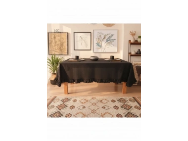 Siyah Keten Firfirli Masa Örtüsü