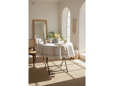 Gri Çizgili Keten YUVARLAK FIRFIRLI Masa Örtüsü