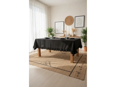 Siyah Keten Firfirli Masa Örtüsü