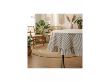 Gri Çizgili Keten YUVARLAK FIRFIRLI Masa Örtüsü