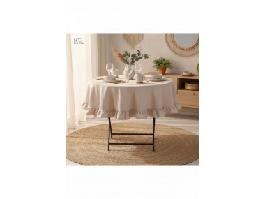 Bej Keten Yuvarlak Firfirli Masa Örtüsü