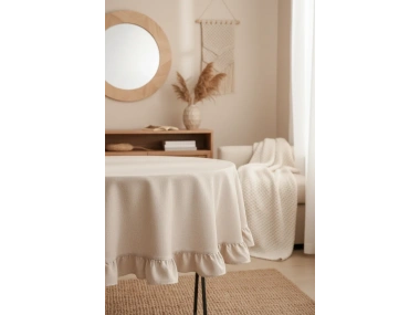 Bej Keten Yuvarlak Firfirli Masa Örtüsü