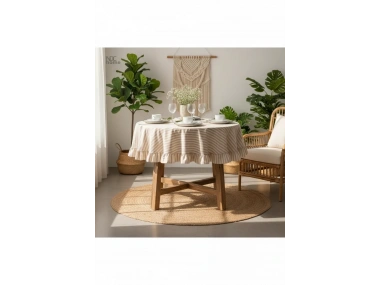 Sütlü Kahve Çizgili Keten YUVARLAK FIRFIRLI Masa Örtüsü