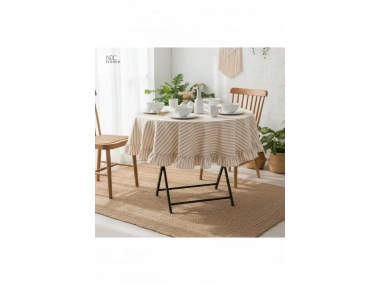 Sütlü Kahve Çizgili Keten YUVARLAK FIRFIRLI Masa Örtüsü